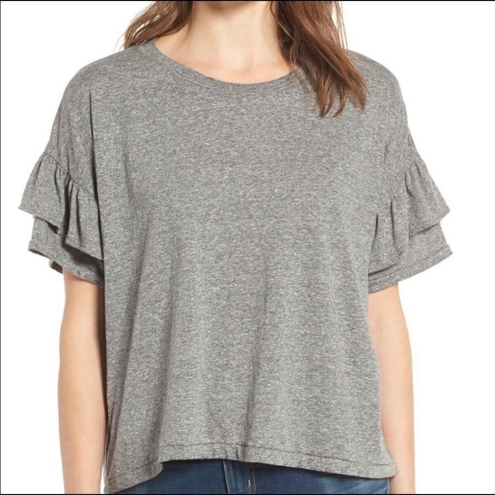 Current/Elliott Ruffle Roadie Gray Shirt Blouse Flowy Oversized 0 Small Marled